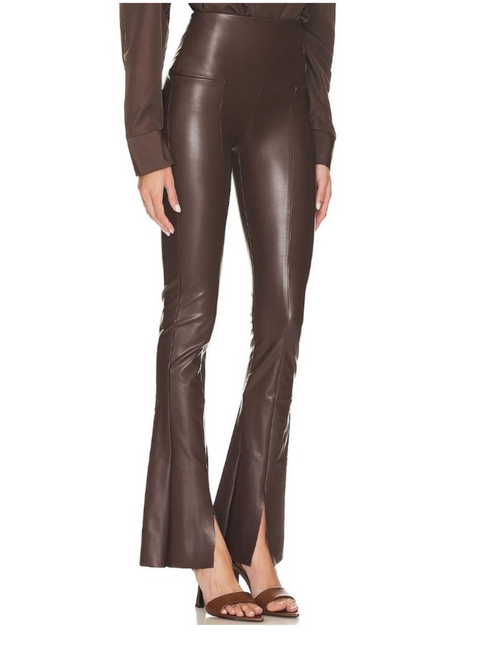 Norma Kamali Chocolate Brown Faux-Leather Flare Pants